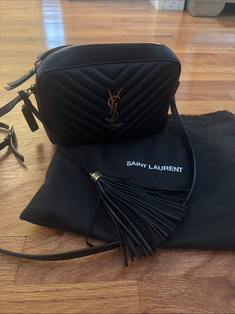 Saint Laurent Black Chevron Quilted Leather Crossbody with Tassel